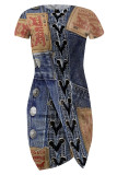 Multicolor Casual Street Faux Denim Print Irregular Contrast O Neck Irregular Short Sleeve Dress