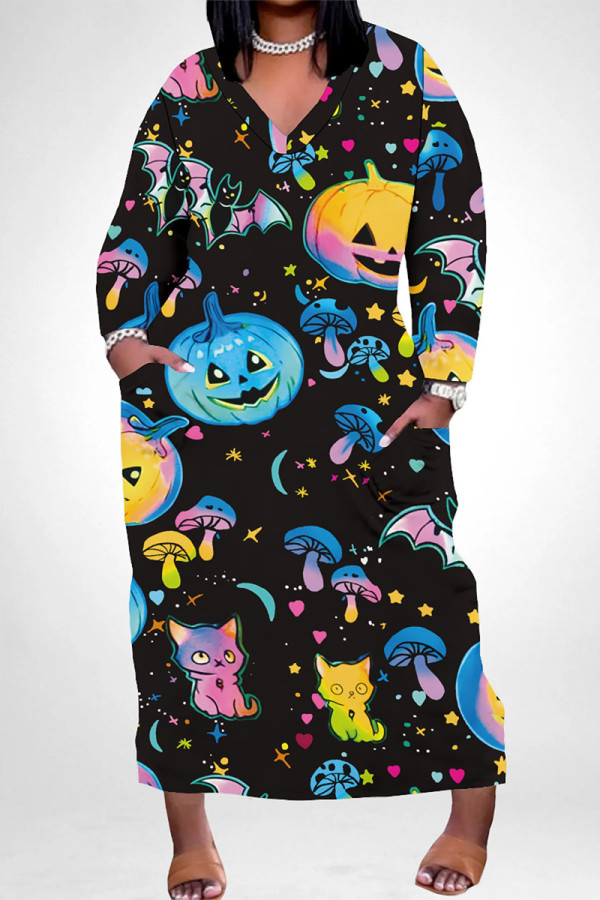 Colour Casual Street Skull Graffiti Print Pocket Contrast V Neck Printed Plus Size Dresses