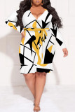 Colour Casual Geometric Print Flowers Lace Up Contrast V Neck Printed Plus Size Dresses