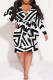 Black And White Casual Geometric Print Flowers Lace Up Contrast V Neck Printed Plus Size Dresses