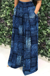 Dark Blue Casual Print Pocket Patchwork Loose High Waist Wide Leg Full Print Bottoms
