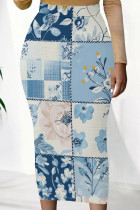 Sky Blue Sexy Print Patchwork Skinny Mid Waist Full Print Bottoms