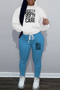 Sky Blue Casual Letters Draw String Pocket Patchwork Contrast Hooded Long Sleeve Two Pieces