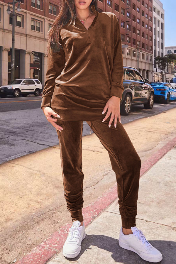 Coffee Casual Solid Color Patchwork Zipper Zipper Collar Long Sleeve Two Pieces