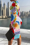 Blue Casual Street Geometric Print Contrast O Neck Printed Dresses