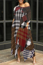 Brown Casual Street Plaid Geometric Print Pocket Irregular Contrast O Neck Printed Dresses