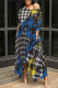 Blue Yellow Casual Street Plaid Geometric Print Pocket Irregular Contrast O Neck Printed Dresses