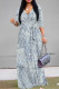 White Grey Elegant Letters Faux Denim Print Lace Up Contrast V Neck Printed Dresses
