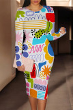 Blue Casual Street Geometric Print Contrast O Neck Printed Dresses
