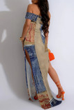 Baby Blue Sexy Faux Denim Print Slit Contrast Off Shoulder Printed Dresses