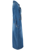 Blue Street Solid Color Pocket Buckle Patchwork Turndown Collar Long Sleeve Straight Denim Dresses