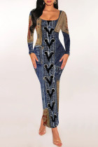 Dark Blue Casual Street Faux Denim Print Contrast U Neck Printed Dresses