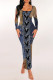 Dark Blue Casual Street Faux Denim Print Contrast U Neck Printed Dresses