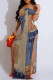 Blue Coffee Sexy Faux Denim Print Slit Contrast Off Shoulder Printed Dresses