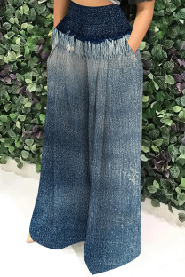 Tibetan Blue Casual Print Pocket Patchwork Loose High Waist Wide Leg Full Print Bottoms
