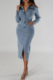 Light Blue Street Pocket Buckle Patchwork Slit Turndown Collar Long Sleeve Regular Denim Dresses