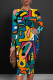 Turquoise Casual Print Patchwork O Neck Wrapped Skirt Dresses