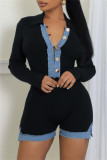 Black Casual Patchwork Contrast Turndown Collar Bodycon Rompers