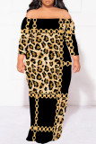 Multicolor Sexy Geometric Print Polka Dot Leopard Contrast Off Shoulder Printed Plus Size Dresses(No Belt)
