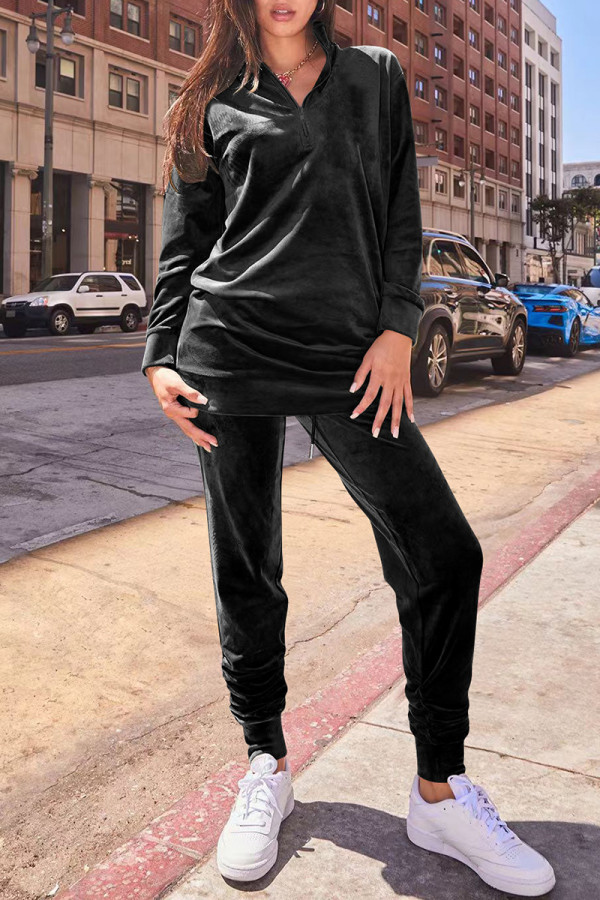 Black Casual Solid Color Patchwork Zipper Zipper Collar Long Sleeve Two Pieces