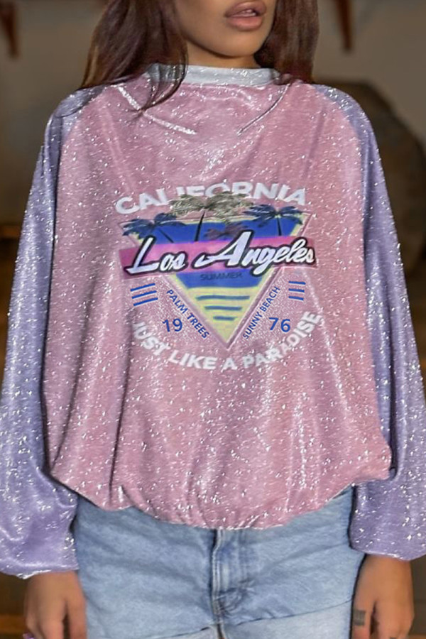 Purple Casual Letters Patchwork Contrast O Neck Tops