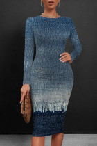 Grey Casual Patchwork O Neck Wrapped Skirt Dresses