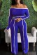 Blue Casual Patchwork Contrast Off Shoulder Long Sleeve Two Pieces