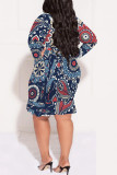Deep Blue Sexy Plaid Floral Print Lace Up Contrast V Neck Printed Plus Size Dresses