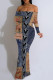 Dark Blue Sexy Street Faux Denim Print Contrast Off Shoulder Fishtail Dresses