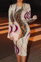 Beige Casual Street Geometric Print Contrast O Neck Printed Dresses