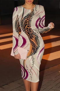 Beige Casual Street Geometric Print Contrast O Neck Printed Dresses