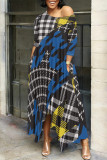 White Orange Casual Street Plaid Geometric Print Pocket Irregular Contrast O Neck Printed Dresses