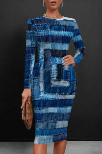 Dark Blue Casual Patchwork O Neck Wrapped Skirt Dresses