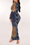Multicolor Casual Street Faux Denim Print Contrast U Neck Printed Dresses