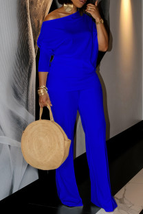 Blue Casual Solid Color Patchwork Oblique Collar Long Sleeve Two Pieces