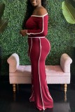 Red Casual Patchwork Contrast Off Shoulder Long Sleeve Two Pieces