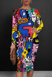 Turquoise Casual Print Patchwork O Neck Wrapped Skirt Dresses
