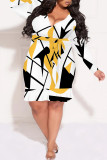 Colour Casual Geometric Print Flowers Lace Up Contrast V Neck Printed Plus Size Dresses