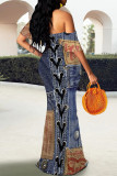 Multicolor Sexy Street Faux Denim Print Contrast Off Shoulder Fishtail Dresses