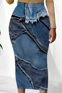 Dark Blue Sexy Print Patchwork Skinny Mid Waist Full Print Bottoms