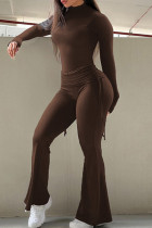 Brown Casual Solid Color Draw String Patchwork Ruched Turtleneck Long Sleeve Two Pieces