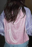 Purple Casual Letters Patchwork Contrast O Neck Tops