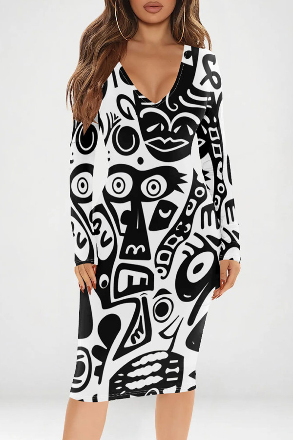 Black And White Sexy Print Patchwork V Neck Wrapped Skirt Dresses