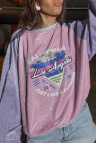 Purple Casual Letters Patchwork Contrast O Neck Tops