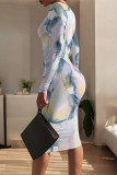 Blue Casual Street Geometric Print Contrast O Neck Printed Dresses