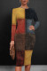 Yellow Orange Casual Patchwork O Neck Wrapped Skirt Dresses