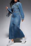 Blue Street Solid Color Pocket Buckle Patchwork Turndown Collar Long Sleeve Straight Denim Dresses
