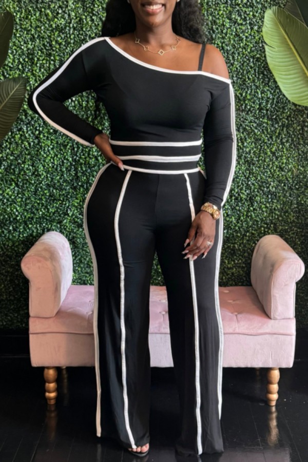 Black Casual Patchwork Contrast Off Shoulder Long Sleeve Two Pieces