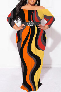 Multicolor Sexy Geometric Print Polka Dot Leopard Contrast Off Shoulder Printed Plus Size Dresses(No Belt)