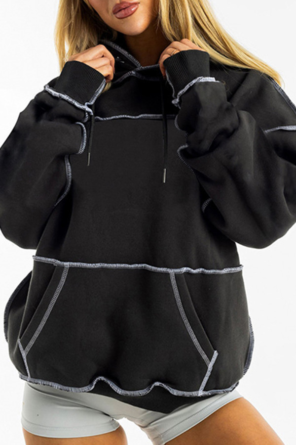 Black Casual Solid Color Draw String Pocket Patchwork Contrast Hooded Tops